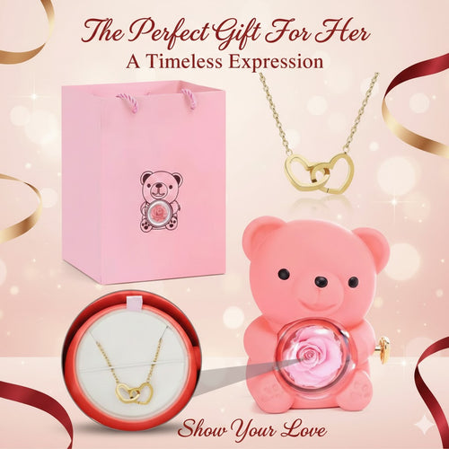 Oro Luxe Eternal Rose Teddy Bear Jewelry Gift Box & Necklace- Romantic Gift for Her