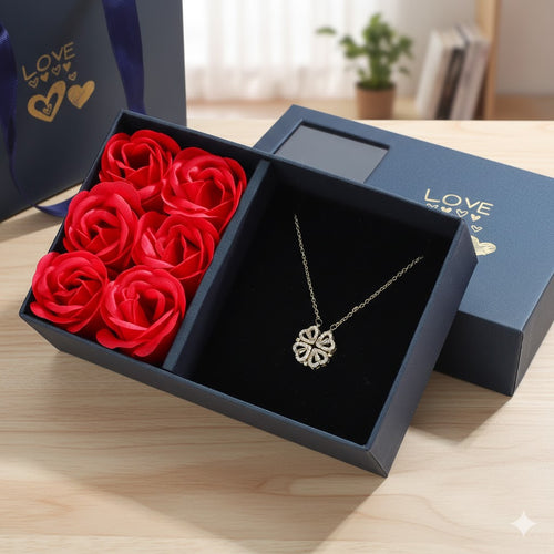 Oro Luxe Four-Leaf Clover Heart Necklace in Rose Gift Box – Gift for Her